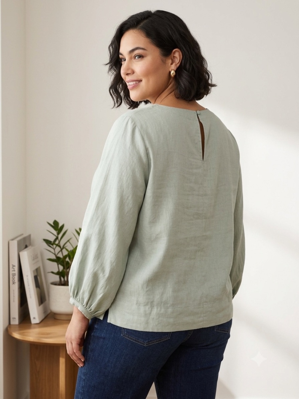 Matty M Women Linen Blend Top XL Sage Green 3/4 Puff Sleeve Boat Neck